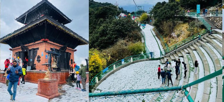 चन्द्रागिरिमा हिमपात भएपछि पर्यटकको चहलपहल (तस्वीरसहित)